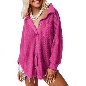 AUTOMET Womens Shacket Waffle Knit Casual Jacket Button Down Shirts Pink Large